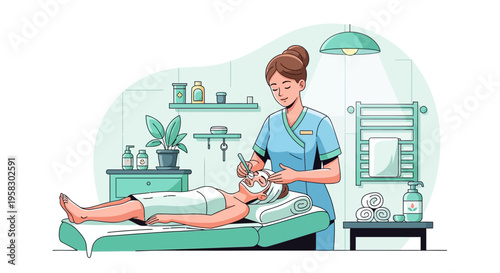 Beautician applying facial mask to client in spa.