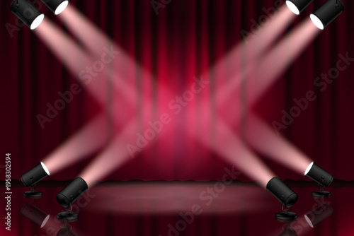Elegant stage with red curtain and bright spotlights