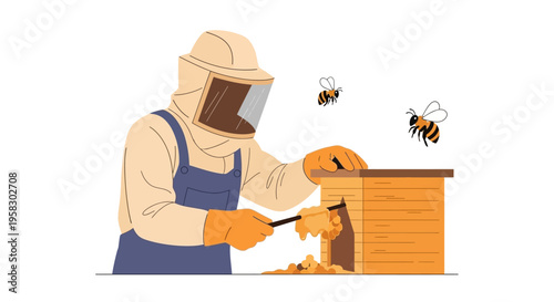 Beekeeper in protective suit tending to beehive with bees flying around.