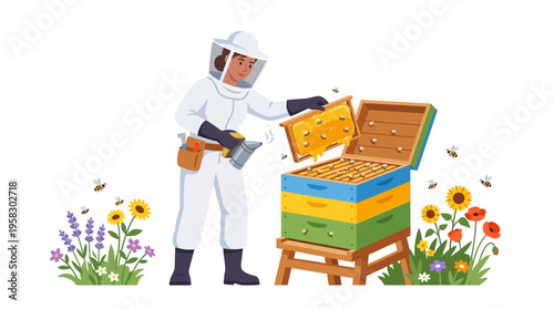 Beekeeper in protective suit tending to a beehive.
