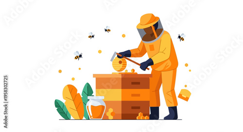Beekeeper in protective suit tending to beehive with honey jar.