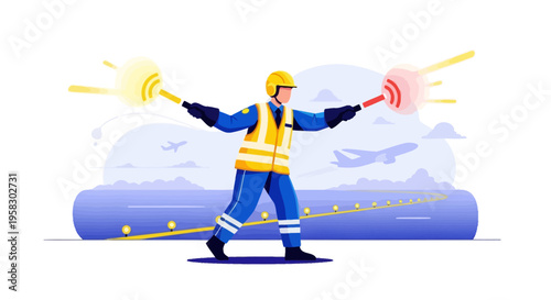 Airport Marshaller Guiding Aircraft with Signal Wands.