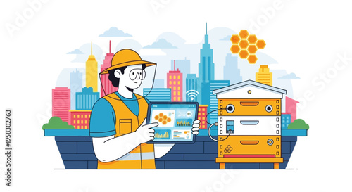 Beekeeper Man With Tablet Near Beehive In City.