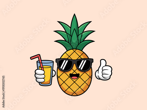 Cartoon pineapple character wearing cool black sunglasses holding a refreshing glass of orange juice with a red straw while giving a thumbs up gesture for a fun summer vacation tropical beach party vi