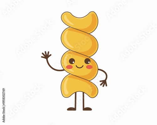 Cute cartoon fusilli pasta character waving hello with a happy expression for food education, kids nutrition, culinary marketing, fun restaurant menus, organic grocery branding, and vibrant vector gra