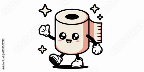 Happy toilet paper roll character walking with a thumbs up gesture, cute Kawaii mascot design with sparkling stars in a vector illustration style, ideal for hygiene, sanitation, comfort, and bathroom 