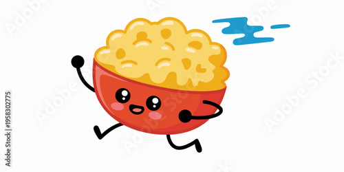 A happy cute cartoon bowl of creamy macaroni and cheese character running joyfully in a vibrant flat design style isolated on white background perfect for kids menu restaurant advertising food design