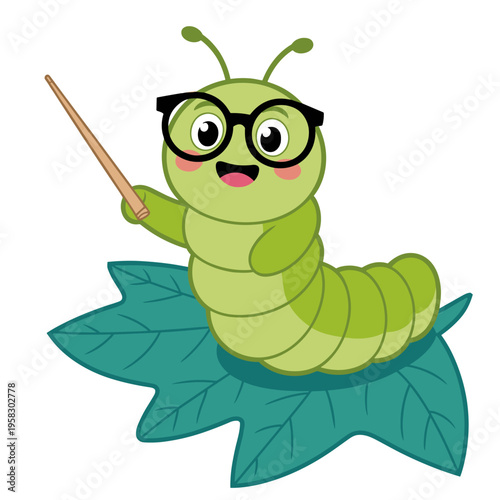 Smart little green caterpillar teacher wearing black glasses holding a pointer stick as an educational insect character sitting on a leaf, cute cartoon mascot vector illustration for kids learning con