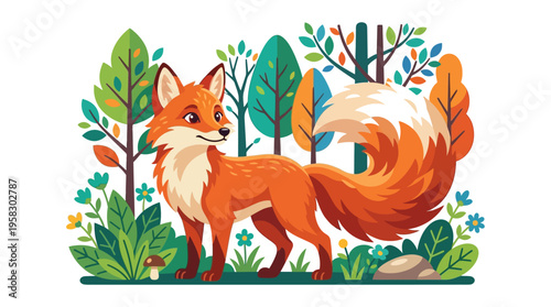 A charming cartoon fox standing in a forest setting.