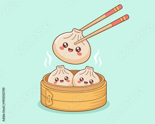 Cute cartoon xiao long bao dumplings being lifted by wooden chopsticks from a traditional bamboo steamer basket, charming steaming dim sum character illustration for oriental cuisine menu design or fo
