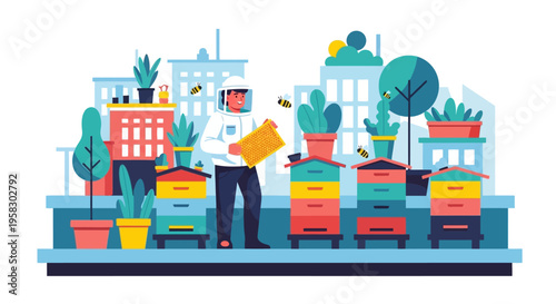 Beekeeper tending to colorful beehives on rooftop garden.
