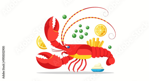 A Delicious Red Lobster with Lemon and Peas.