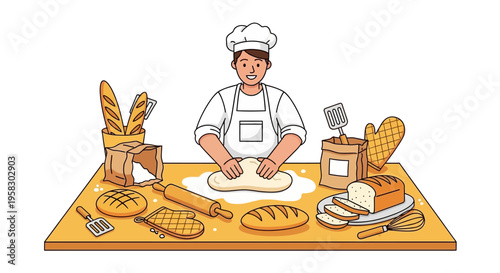 Baker Kneading Dough Surrounded by Freshly Baked Bread.