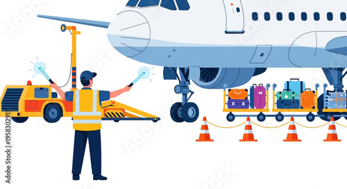Airport Ground Crew Servicing Commercial Airplane with Luggage.