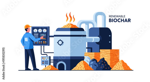 Biochar Production Plant with Operator and Raw Materials.