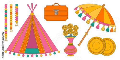 Vibrant Indian wedding decor set featuring a colorful teepee tent, festive trunk, decorative umbrella with tassels, yellow marigold flower vase, and ornamental plates for multicultural celebration the