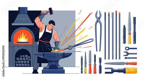 Blacksmith working at anvil with hammer and tools.