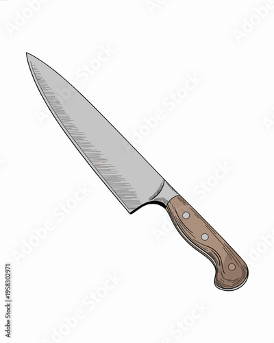 A sharp professional chef kitchen knife with a detailed brown wooden handle isolated on a clean white background, representing culinary precision, gourmet food preparation, restaurant work and dining 