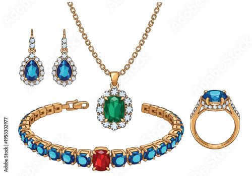 Elegant collection of exquisite gold jewelry featuring a necklace, bracelet, earrings, and ring adorned with dazzling blue, green, and red gemstones