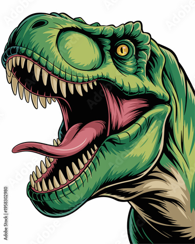 Ferocious Tyrannosaurus Rex head illustration, powerful prehistoric predator roaring with jaw wide open, sharp teeth visible, detailed green dinosaur mascot logo, wild reptile monster, primal power co