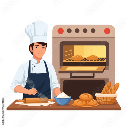 Baker preparing dough and baking bread in oven.
