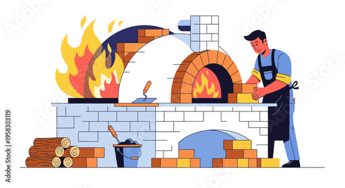 Baker skillfully building a brick pizza oven with fire.