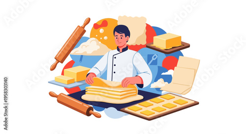 Baker skillfully preparing layered pastry dough with ingredients.