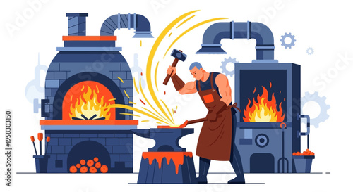 Blacksmith working with hammer on anvil.