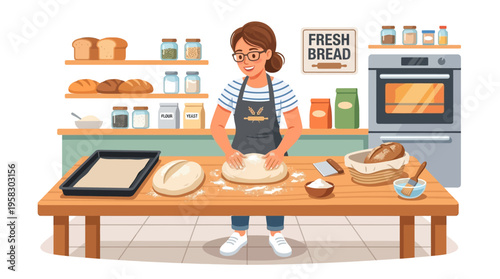 Baker woman kneading dough in a kitchen setting.