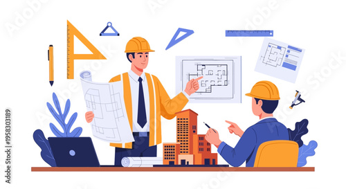 Architects collaborating on building design with blueprints and models.