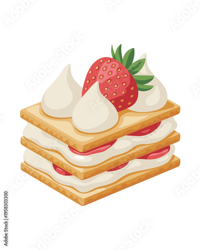 A delicious layered strawberry mille-feuille pastry topped with smooth whipped cream dollops isolated on a clean white background, digital illustration perfect for gourmet bakery menus or food website