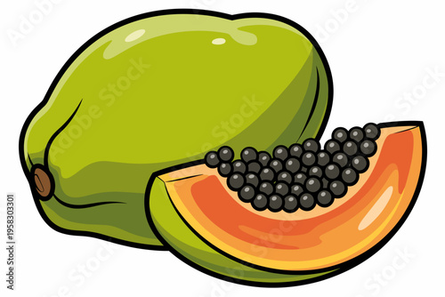 A vibrant green papaya fruit illustration with a fresh sliced wedge showing dark seeds inside isolated on a white background, perfect for healthy diet nutrition graphics, tropical harvest culinary des