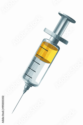 A detailed 3d rendered medical syringe filled with vibrant golden yellow liquid vaccine drug dose floating against a clean white background illustrating health care vaccination research clinical testi