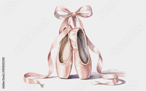 A pair of delicate silk ballet pointe shoes tied with graceful satin ribbons forming a bow on a clean white background illustrating classical dance elegance, professional performance, art, and inspira