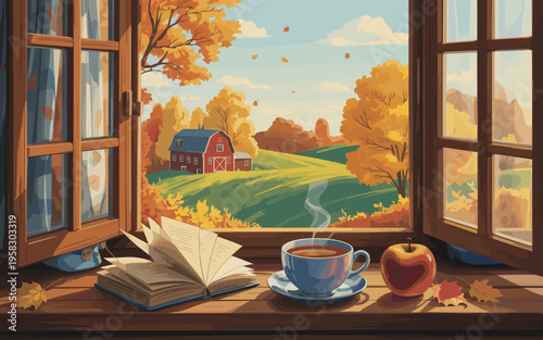 Cozy autumn morning view from an open wooden window overlooking a peaceful red barn in the countryside with a freshly poured cup of hot steaming tea and a crisp red apple resting on a rustic window si