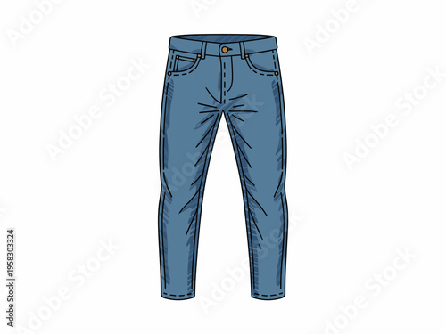 A pair of blue denim jeans portrayed as a flat vector illustration depicting casual mens apparel fashion design isolated on white background perfect for retail clothing catalogs apparel branding and w