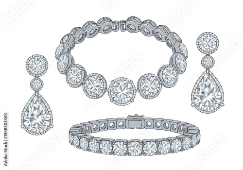 Elegant diamond jewelry set featuring a bracelet and earrings with sparkling gemstones, perfect for special occasions