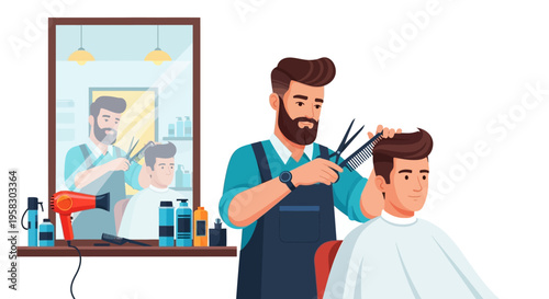 Barber cutting clients hair with scissors and comb.