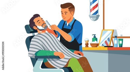 Barber shaving a customer in a classic barbershop setting.