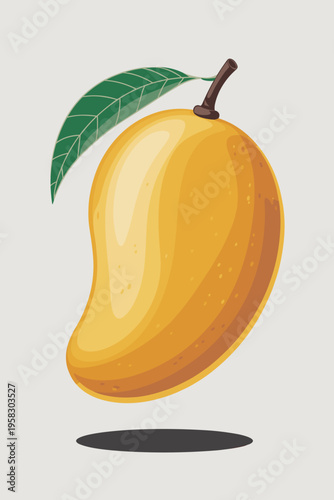 Fresh yellow mango fruit illustration featuring a lush green leaf and realistic soft shadows isolated on a clean light grey background ideal for healthy nutrition graphic design concepts and food bran