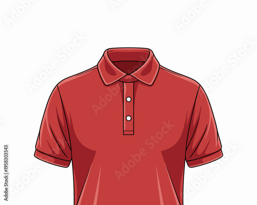 A vibrant red polo shirt illustration isolated on white background, classic short sleeve collared t-shirt design for summer casual clothing fashion, corporate uniform concept, apparel vector graphic s