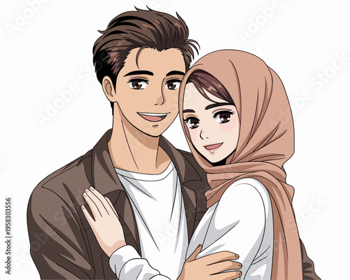 A happy young couple illustration featuring a handsome man and a beautiful woman wearing a modest hijab, embracing with affection and joy in an artistic studio portrait style for romantic love concept