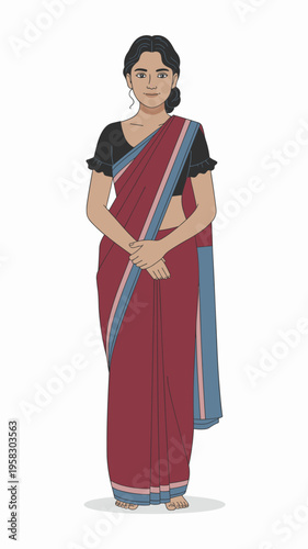 Full length illustration of a beautiful young Indian woman standing gracefully in a traditional deep maroon cotton saree with blue border and black blouse, representing elegant ethnic fashion and cult