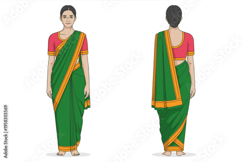 A beautiful Indian woman wearing a traditional green and yellow Nauvari saree illustration showing front and back views for cultural fashion design projects or ethnic apparel marketing retail catalogs