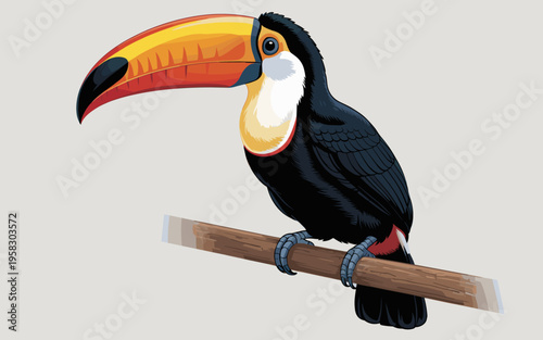 A vibrant toco toucan perched gracefully on a wooden branch featuring its iconic oversized orange beak and sleek black feathers isolated on a clean neutral background for wildlife conservation design 
