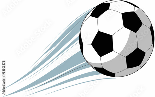 Dynamic soccer ball in motion featuring a high speed trail effect, white and black geometric pattern sports equipment flying fast, vector illustration graphic for athletic competition, active game con