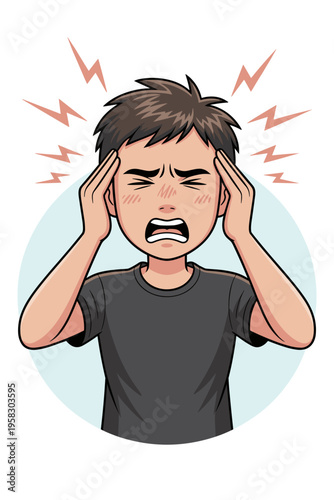 Stressed young boy suffering from a painful migraine headache holding his head with both hands in distress expressing frustration and mental pressure for healthcare education therapy or psychology con