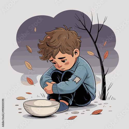Sad young boy sitting alone with a hungry expression beside an empty bowl in a bleak autumn landscape illustrating poverty starvation social injustice childhood trauma homelessness and humanitarian ha