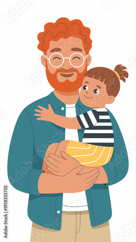 A happy redheaded father wearing glasses holds his little young daughter in a warm embrace illustrating deep family love and tender parenting bonding moments for childcare lifestyle advertisements or 