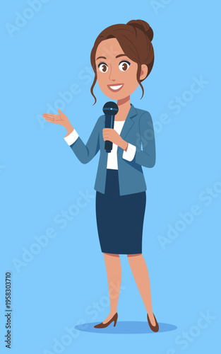 Professional woman journalist or news reporter character holding a microphone giving a speech or interview on a blue background, representing corporate communication, media broadcasting, and public sp